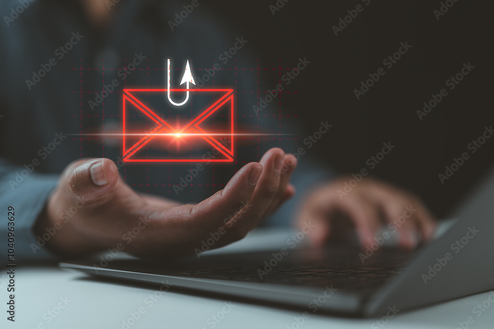 Poster smishing attack, sms spam phishing from scammer, concept. red envelope with hook icon in criminal ha
