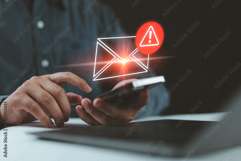 Poster sms spam, fake text message phishing from scammer concept. system hacked red warning alert, email ha