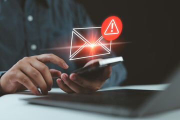 SMS spam, fake text message phishing from scammer concept. System hacked red warning alert, email...