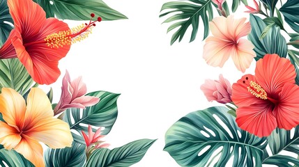 Fototapeta premium Tropical flowers, such as hibiscus and bird-of-paradise, placed on a white backdrop with vibrant colors and intricate details, perfect for eye-catching banner