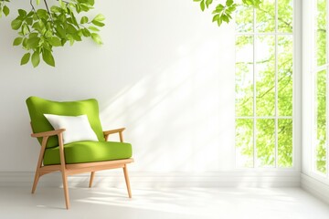 Bright room with green armchair and large windows with natural light