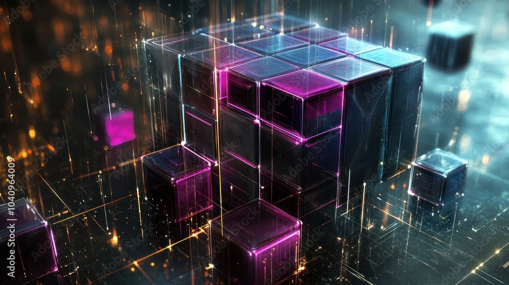Poster abstract 3d cubes with glowing effects and digital elements.
