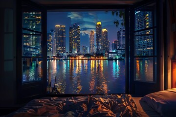 Dark bedroom with open window, city night view, Bangkok skyline, skyscrapers glowing, reflections on water, bed visible.