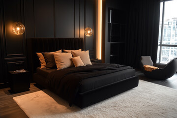 A minimalist  elegant black bedroom with a soft gray accent wall and rich green accents in the form of throw pillows and plants
