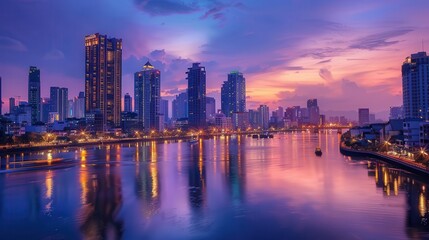 Naklejka premium Twilight Urban Skyline with City Lights Reflection