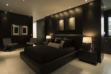 A stylish living room with a black modular sofa, green and gray cushions, and a matte black feature wall. the space is framed by soft gray curtains for an elegant yet modern feel 
