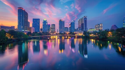 Fototapeta premium Twilight Urban Skyline with City Lights Reflection