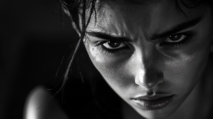 Fototapeta premium Close-up Black and White Portrait of a Woman's Intense Gaze