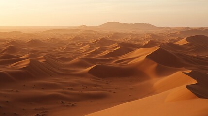 Naklejka premium A vast, sandy desert landscape stretches out under a hazy, golden sky, with rolling dunes forming a mesmerizing pattern in the distance.