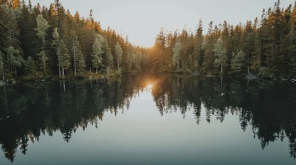 Obraz premium Serene Lake Surrounded by Pine Trees at Golden Hour