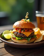 Vibrant Mexican-inspired vegan burger featuring chickpea patty, caramelized onions, crisp lettuce, and spicy chili sauce, served on a toasted bun with ample copy space.