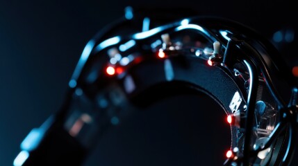 A macro shot of a wearable brain-computer interface headset's electrode array sensing neural signals, Brain-computer interface technology style, photo of