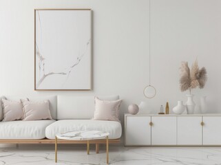 白いソファと装飾品を備えたモダンなミニマルリビングルームインテリア。自然光が差し込む明るく開放的な空間。