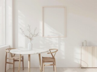 「ミニマルで明るいダイニングルームインテリア。丸テーブル、椅子2脚、花瓶、白い壁に飾られた空のフレーム。アート作品やデザインの展示に最適。