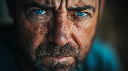 Fototapeta premium Close-up of a man's intense blue eyes and furrowed brow