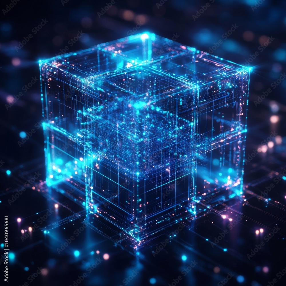 Poster a glowing blue cube with a digital grid pattern, representing data and technology, sits on a dark ba