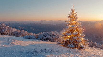 snow covered Christmas tree stands majestically on mountaintop, glowing warmly against serene backdrop of distant mountains. scene evokes sense of peace and holiday spirit