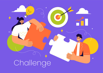 Challenge Vector Illustration featuring a Businessman Running to the Top of a Graph and Overcoming Obstacles to Achieve Success in a Flat Background