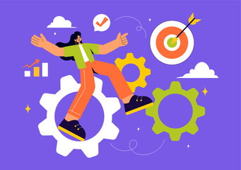 Challenge Vector Illustration featuring a Businessman Running to the Top of a Graph and Overcoming Obstacles to Achieve Success in a Flat Background