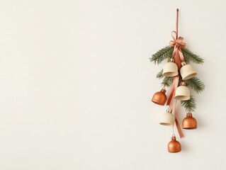 Elegant holiday bells with pine branches and ribbon on minimalist wall