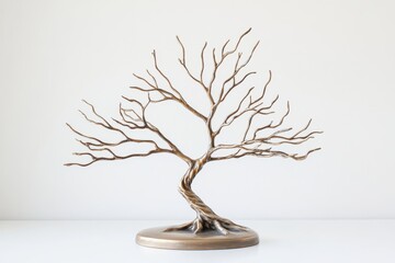Elegant bronze tree sculpture on minimalist white background