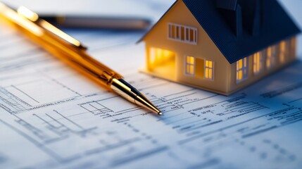 A miniature house model sits atop architectural blueprints beside a golden pen, symbolizing real estate and construction planning.
