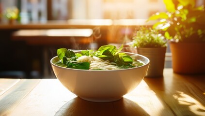 A bowl of steaming noodle soup with fresh herbs on a wooden table in a cafe.
