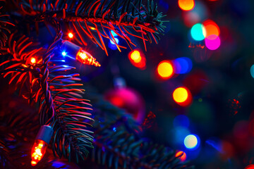 Twinkling Christmas lights illuminate festive tree, creating warm and joyful atmosphere. vibrant colors of red, blue, and green enhance holiday spirit