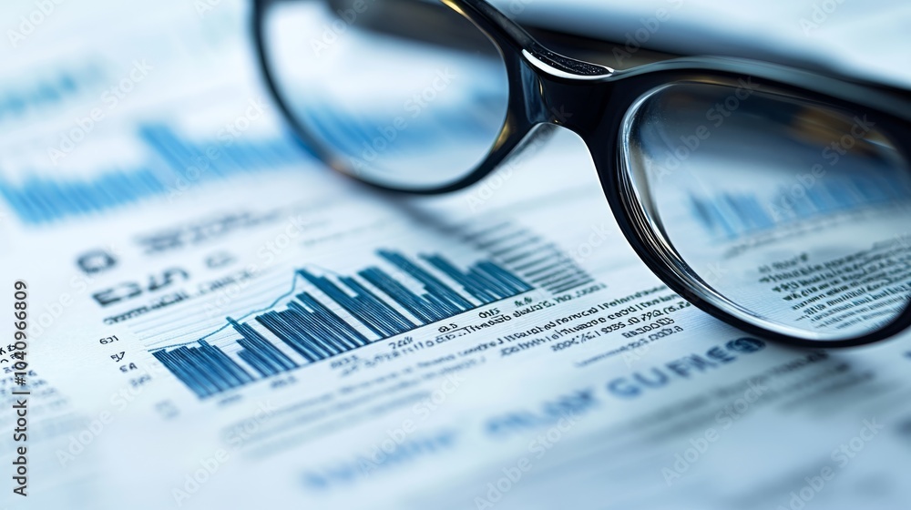 Poster a close-up of glasses resting on printed financial reports featuring charts and graphs, highlighting
