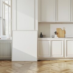 「ミニマルな白いキッチンインテリア。クラシックなデザインと木製の床。壁のモックアップテンプレート。
