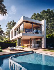 Fototapeta premium Modern house with large windows and pool at sunset