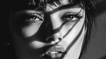 Fototapeta premium Close-up Black and White Portrait of a Woman's Face with Dramatic Lighting and Shadow Play