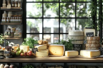 A variety of cheeses are displayed on a wooden counter in a shop with a large window behind it.