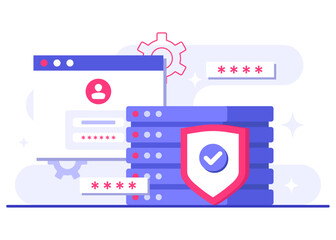 Obraz premium Database protection, Cyber security, Data Center, File management, cloud storage, Privacy data protection flat illustration for landing page, mobile app, poster, flyer, web banner, infographic