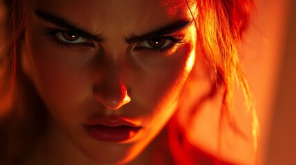 Fototapeta premium Close-up Portrait of a Woman with Intense Eyes and Red Hair, Illuminated by Warm Light