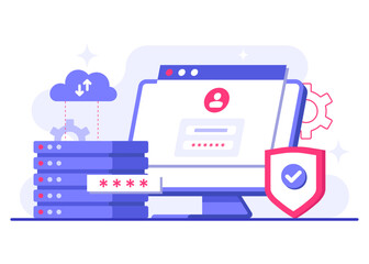 Database protection, Cyber security, Data Center, File management, cloud storage, Privacy data protection flat illustration for landing page, mobile app, poster, flyer, web banner, infographic