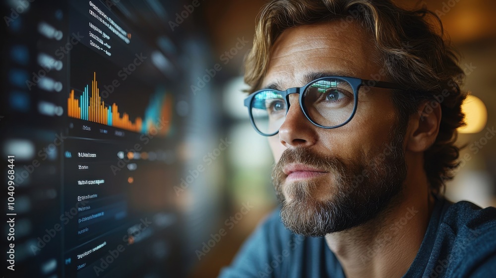Poster a focused individual analyzing data on a screen.