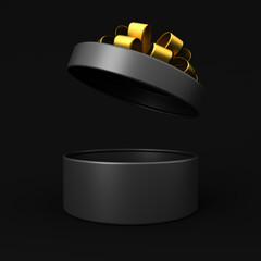 Blank black round present box open with gold ribbon and bow lid or opening blank black cylinder gift box isolated over dark night background  creative idea concepts 3D rendering