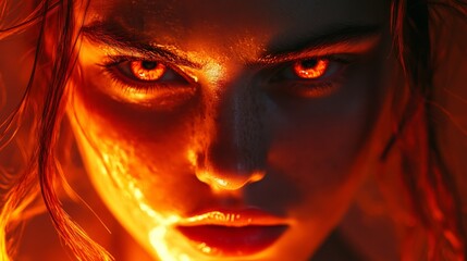 Fototapeta premium Close-up of a woman's face illuminated by fiery orange light, her red eyes glowing intensely.
