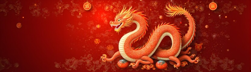 Obraz premium Majestic red dragon with glowing scales surrounded by chinese lanterns on festive background