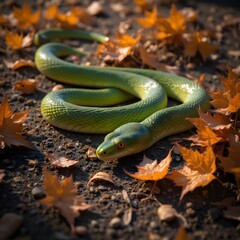 Fototapeta premium Vibrant green tree snake amidst autumn leaves on forest floor
