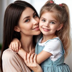 Joyful mother and daughter embrace in bright living room setting