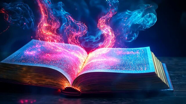 An open book glows with pink and blue light, as if magic is emanating from its pages