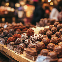 Beautifully crafted chocolate truffles at a Eurochocolate stall, rich details of the cocoa dusting and decorations, luxurious feel, blurred background with festival-goers and chocolate displays