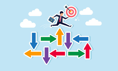 A businessman jumps over irregular arrows while holding a target board, illustration of focusing on completing business project targets unaffected by uncertain financial policies