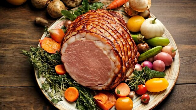 A roasted ham is surrounded by colorful vegetables on a white platter