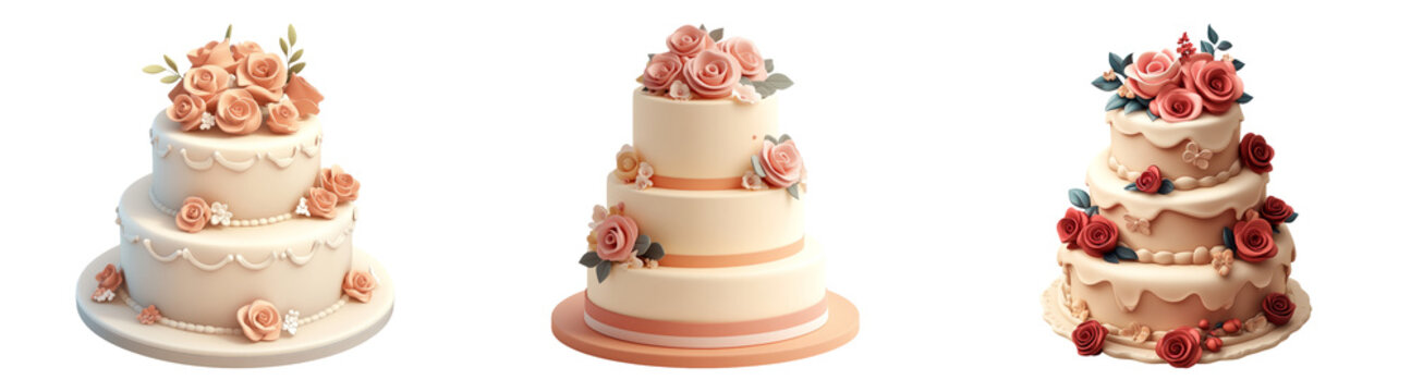 3D wedding cake with floral decorations in pastel colors isolated on transparent background perfect for wedding-themed illustrations or event designs