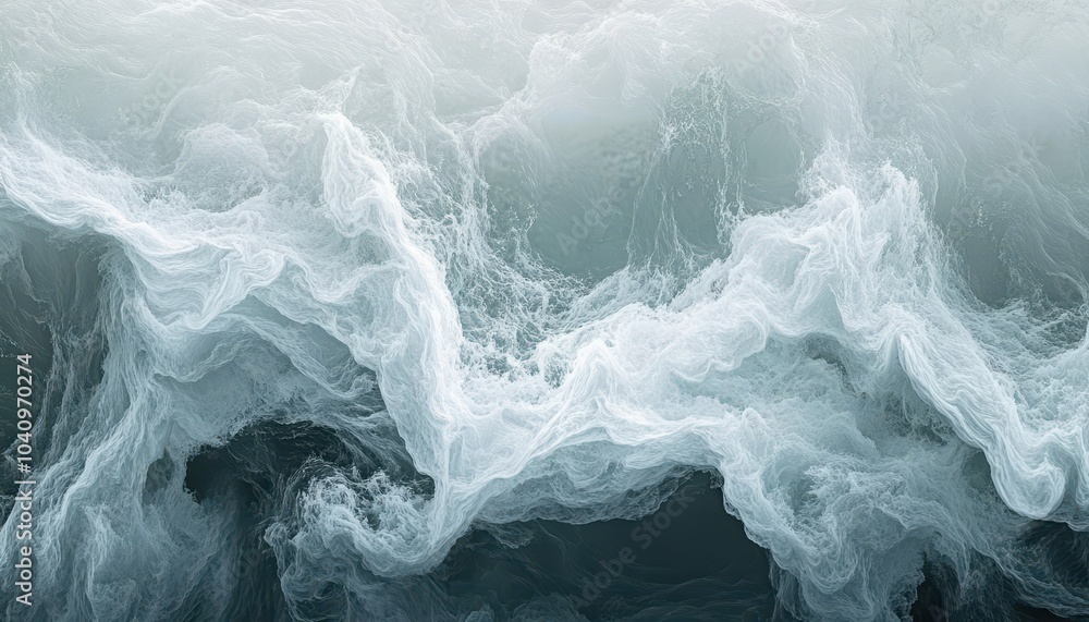 Poster a serene abstract image depicting swirling waves with soft, frothy textures in calming shades of blu