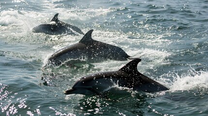 Fototapeta premium Group of Dolphins Swimming and Jumping in Ocean Waves