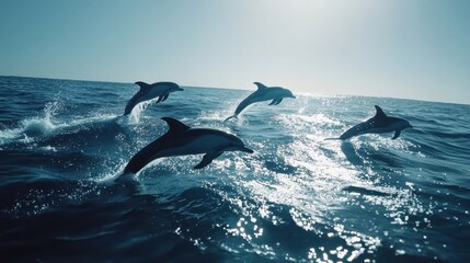 Naklejka premium Dolphins Jumping in Clear Blue Ocean Waters